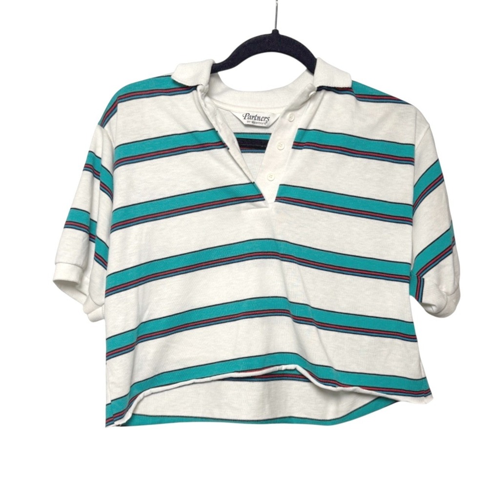 Vintage Partners by Mervyns Polo Shirt Women L Cotton Striped Crop Top Retro Y2K
